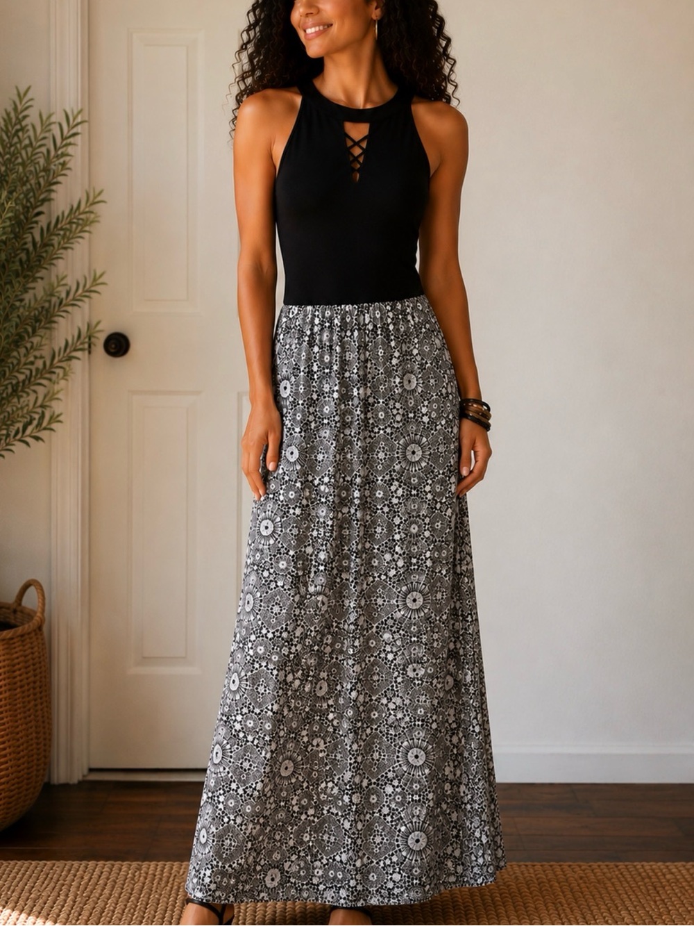 Black Halter Bodice Maxi Dress with Patterned Skirt Boho Summer Size L